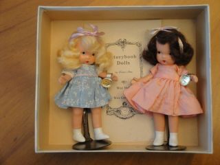Nancy Ann Storybook 84 Twin Sisters With Gold Wrist Tags.  Box And Nasb Stands.