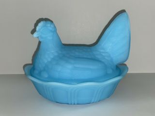 Fenton Glass Hen On Scallop Rim Nest Chicken 5186 - Blue Satin (w/ Mark)
