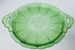 Jeannette Cherry Blossom Green Depression Glass Handled Platter Plate 12 3/4 "