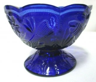 Cobalt Blue Pedestal Vintage Floral Etched Glass Candy Dish Nut Bowl Trinket