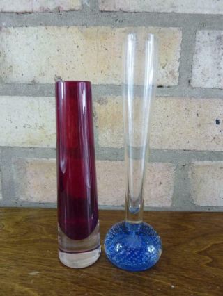 2 Vintage Glass Bud Vases Blue Controlled Bubble And Cranberry Cased Glass