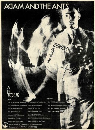 7/7/79pn20 Advert: Adam And The Ants Single Zerox & Tour Dates 15x11 "