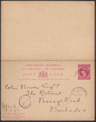1892 St.  Vincent Qv Stationery Postcard,  Reply Card To Barbados (receiver)