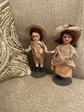 Antique Pair 4” All Bisque All French Verlingue Dolls Dollhouse Size