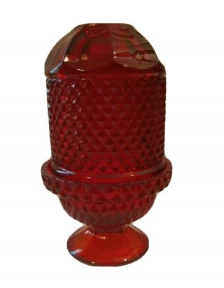Vtg Viking Glass Ruby Red Fairy Lamp Glimmer Light Candle Holder Diamond Point