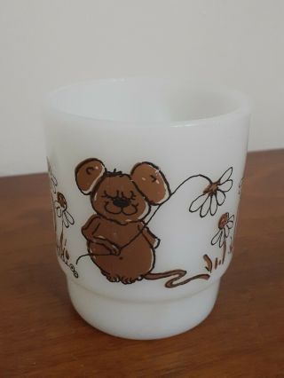 Vintage Fire King Hildi Brown Mouse Mug Stackable Milk Glass Cup Year Of The Rat