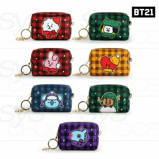 Bts Bt21 Official Authentic Goods Pu Check Square Pouch S,  Tracking Number