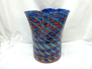 Blown Art Glass Vase - Gorgeous Coral Red & Blue 9 3/4 " Signed Mark Wagar