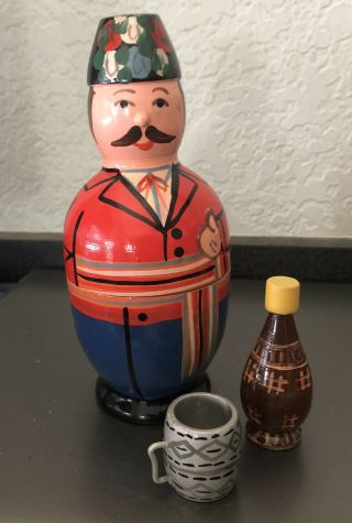Vtg 3 Pc Wood Made In Poland Nesting Doll - Man With Bottle And Mug