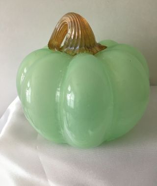 Hand Blown Art Glass 6 " Pumpkin Light Green Amber Twisted Stem