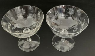 Set Of 2 Vintage Elegant Etched Glass Coupe Champagne Sherbet Stemmed Glass 4 " H