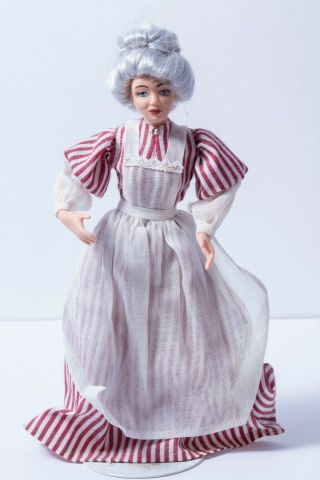 Dollhouse Miniatures Artisan Made Porcelain Woman Doll W/ Striped Dress,  Hammond