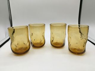4 Vintage Hand Blown Pinched Crackle Art Glass Tumblers 4 1/2” Tall Amber Color
