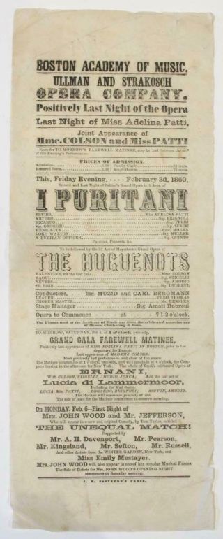 1860 Opera Handbill Broadside Boston Academy Music Adelina Patti Bellini Verdi