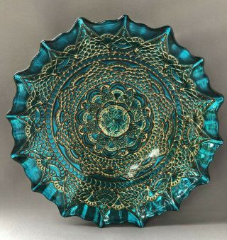 Azzurra Turkey Handmade Art Glass Bowl Dish Teal Blue Green Silver Gilt Backed