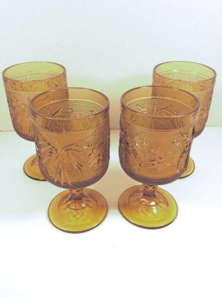 Set Of 4 Indiana Sandwich Glass Tiara Amber Footed Water Glasses / Goblets