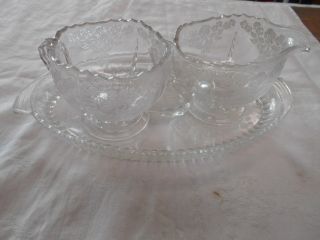 3 Pc Glass Vintage Cream & Sugar Set W Matching Tray Etched Basket With Flowers