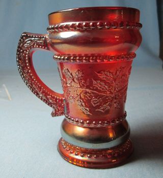 Beaded Holly Carnival Glass Rare Red Color Tankard Mug Vintage St.  Clair