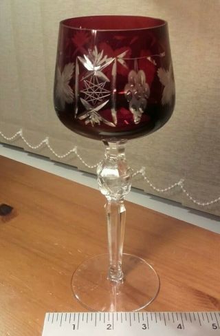 Stunning Cut To Clear Crystal Wine Hock Glass Burgundy Ruby Red Bohemian Vgc