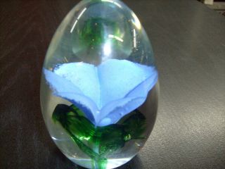Blue Flower Crystal Clear Paperweight Paper Weight Egg Shape Oval Vintage 3.  5 In
