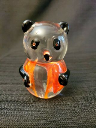 Vintage Hand Blown Art Glass Panda Bear Paperweight 3 Red Flowers With Bubble 3 "