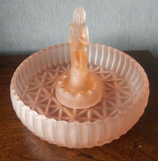Vintage Art Deco Sowerby Glass Nude Seated Lady Frog & Bowl - Frosted Pink