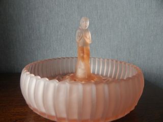 Vintage Art Deco Sowerby Glass Nude Seated Lady Frog & Bowl - Frosted Pink 2