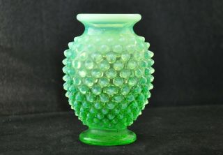 Vintage Fenton Green Opalescent Hobnail Vase 3 1/2 Inch Narrow Rim Glows Uranium