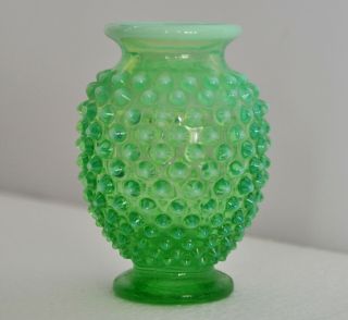 Vintage Fenton Green Opalescent Hobnail Vase 3 1/2 Inch Narrow Rim Glows Uranium 2