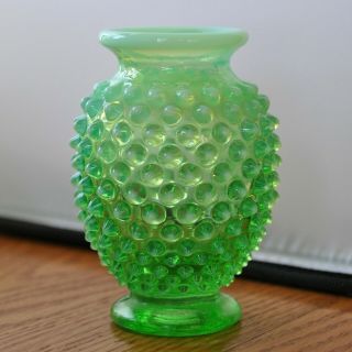 Vintage Fenton Green Opalescent Hobnail Vase 3 1/2 Inch Narrow Rim Glows Uranium 3