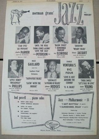 Norman Granz Jazz On Mercury 1952 Ad - Charlie Parker Oscar Peterson Roy Eldridge