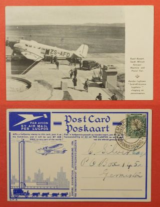 1937 South Africa Rand Airport Postcard Imperial Airways Airmail To Germiston