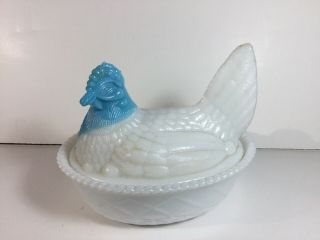 Antique Westmoreland Opaque White Blue Head Milk Glass Hen On Nest 4 Chicken
