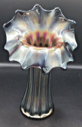Stunning Vintage Jack In The Pulpit Iridescent Amber Carnival Glass Vase