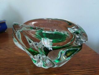 Vintage Retro Green Art Glass Ashtray Bowl Dish Heavy