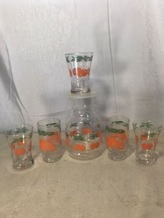 Vtg Anchor Hocking Orange Juice Glass Container Jug Pitcher Carafe & 5 Glasses
