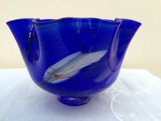 Mid Century Modern Cobalt Blue Pinched Art Glass Bowl On Clear Glass Foot Signed