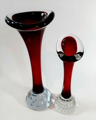2 Vintage Aseda Glasbruk Ruby Jack In The Pulpit Bubble Base Glass Bud Vases