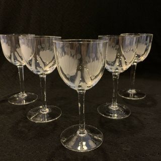 Vintage Set Of 5 Cut Crystal Stem Wine Glasses Floral Tulip Design 6”