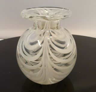 Hand Blown Glass Mini Vase White Swirl And Clear Paper Weight 3 "