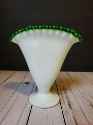 Vintage Fenton Emerald Crest White Milk Glass Fan Vase 6 3/4 " Crimped Edge