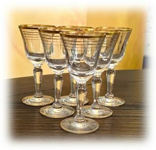 Vintage Set Of 6 Gold Trim Stripes Cordial Glasses Glastonbury Lotus Optic Glass