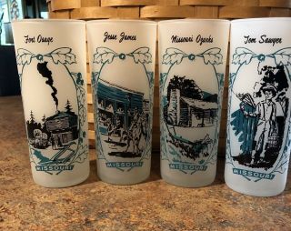 Missouri Ozarks Frosted Glass Tumbler Jesse James Tom Sawyer Fort Osage Set Of 4