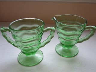 Vintage Green Depression Glass Creamer And Sugar Bowl Set With Bamboo Handles