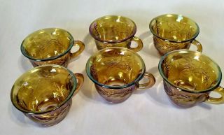 Set Of 6 Vintage Amber Iridescent Carnival Glass Harvest Grapes Punch Cups