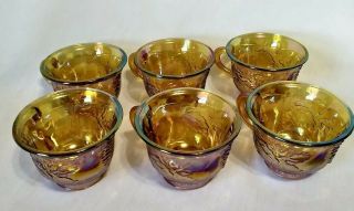 Set of 6 Vintage Amber Iridescent Carnival Glass Harvest Grapes Punch Cups 2