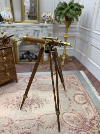 Artisan Signed Dollhouse Miniature Hinged Telescope Brass Fittings & Chains