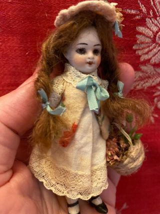 Antique Jointed All Bisque Mignonette Dollhouse Doll - Glass Eyes