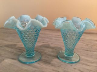 Blue White Opalescent Hobnail Bud Vases One Is Silver Crest