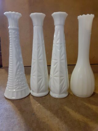 Set Of 4 Vintage White Milk Glass Bud Vases 9 Inches Tall